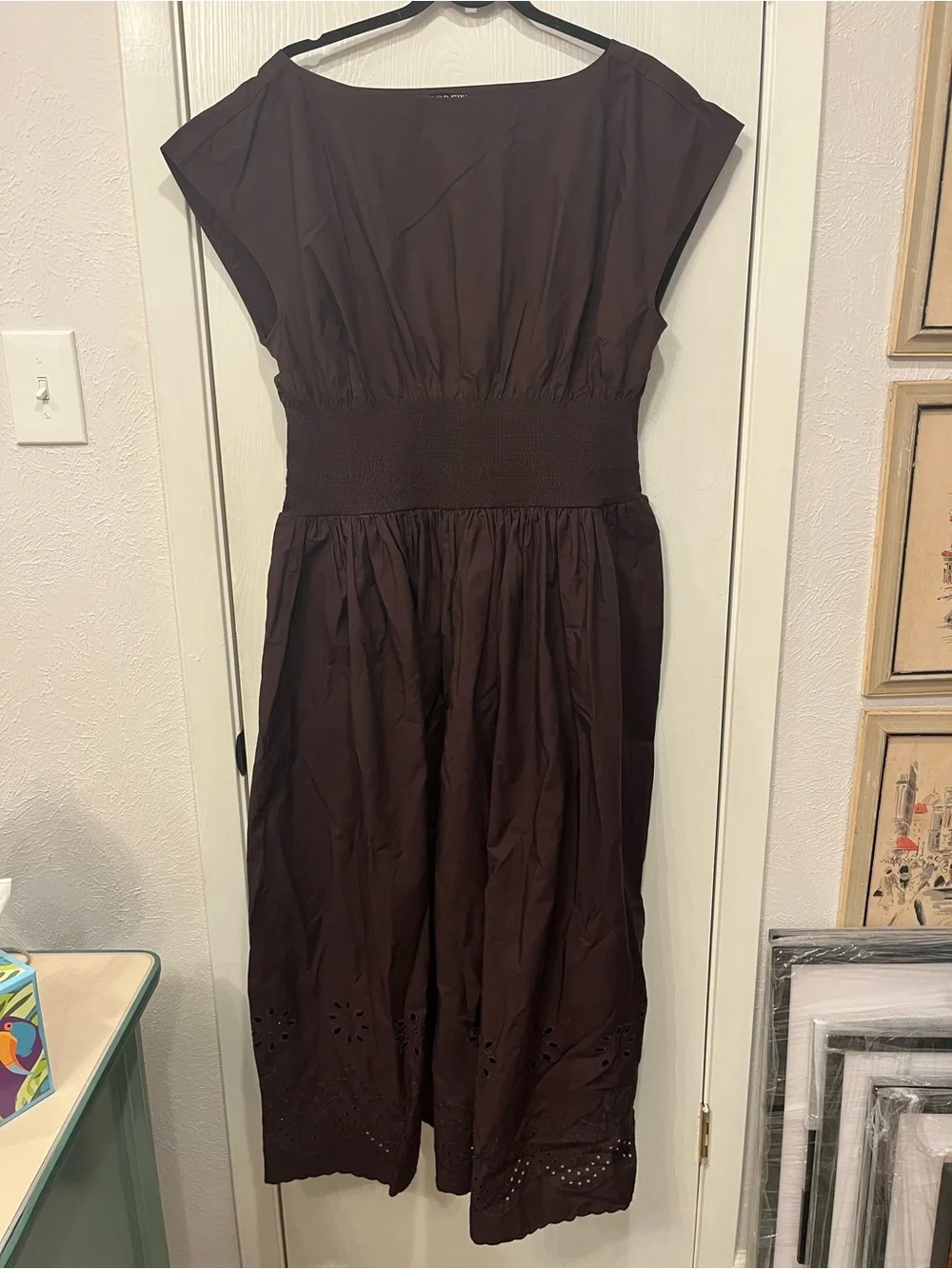 NEW J. Crew Smocked Waist Eyelet Hem Brown Cotton Poplin Maxi Dress Size XL